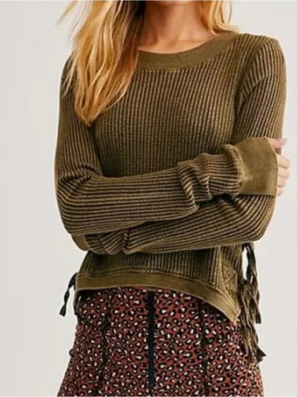 Free People One Cropped Interlaken Thermal Knit Top Side Ties Olive Green Large